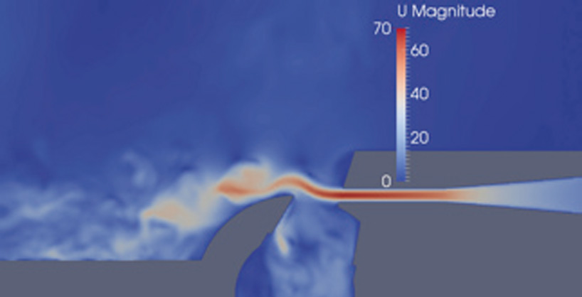 発振しているフルート唄口の断面の流速